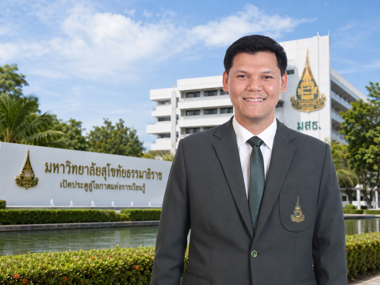 ผศ. ดร.ภูริพัฒน์ ชาญกิจ หน้าอาคารมหาวิทยาลัยสุโขทัยธรรมาธิราช